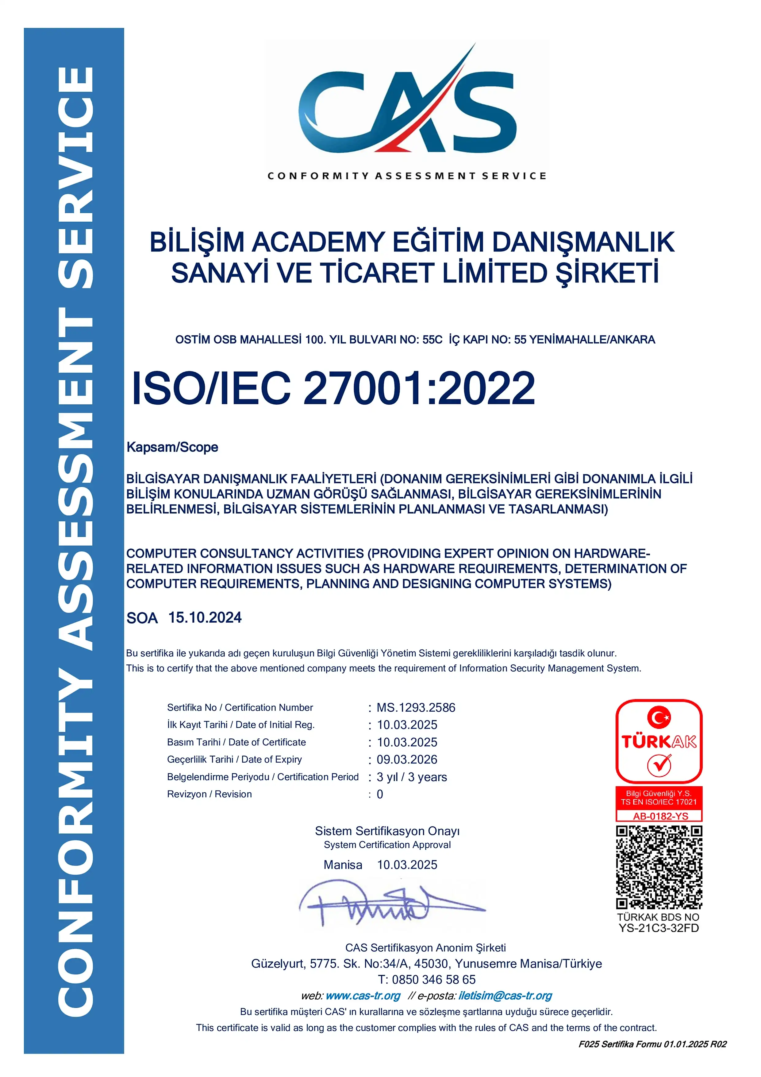 Bilişim Academy Eğitim Danışmanlık Sertifikası ISO-27001