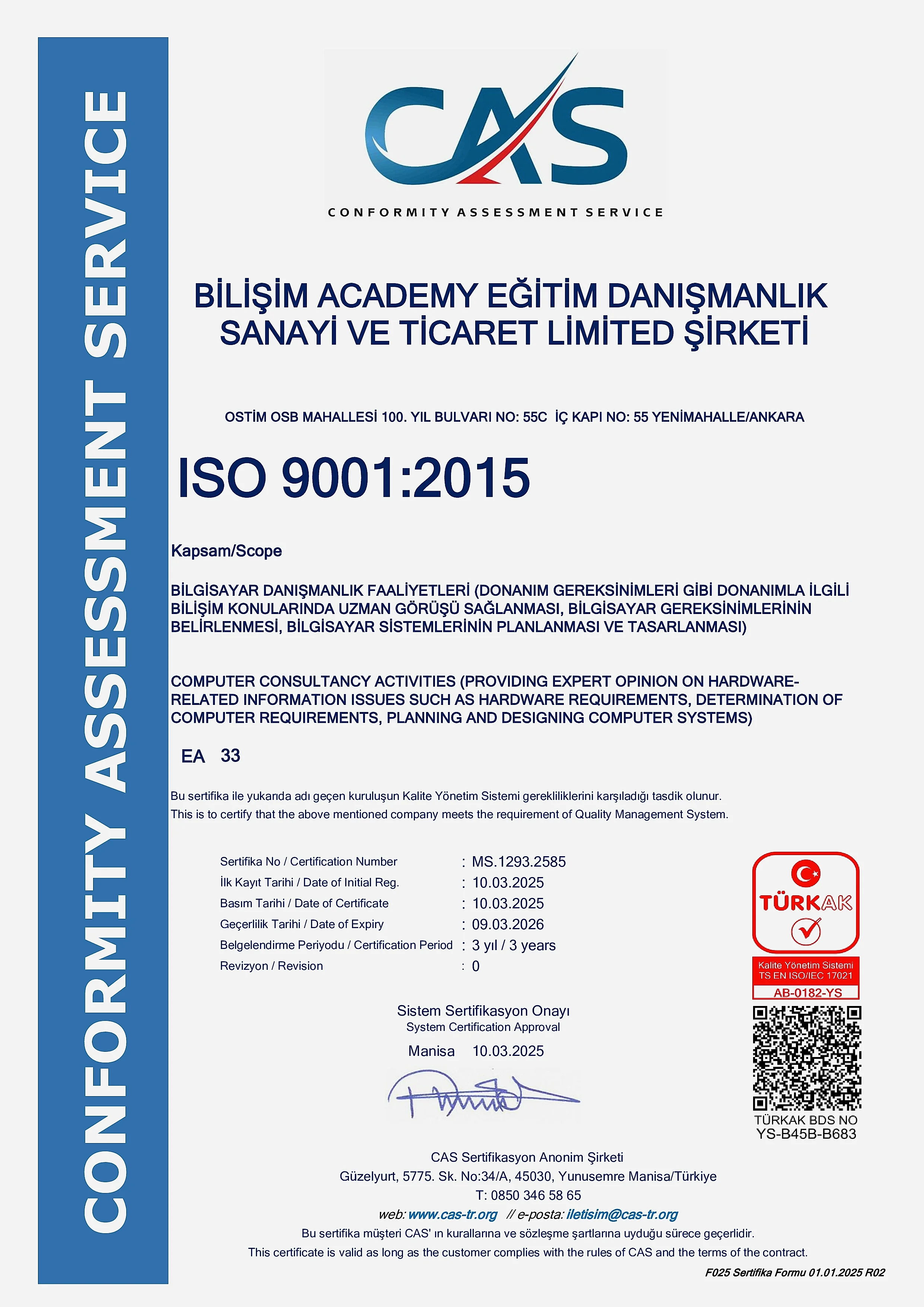 Bilişim Academy Eğitim Danışmanlık Sertifikası ISO-9001