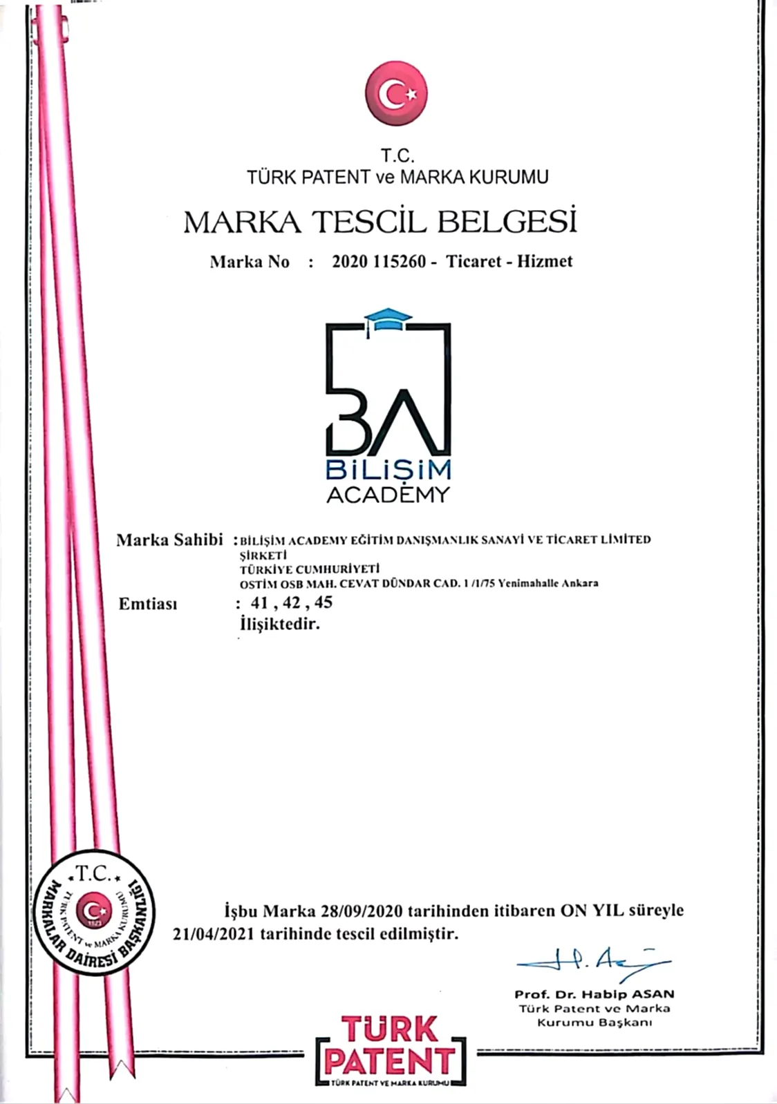 Bilişim Academy Marka Tescil Belgesi